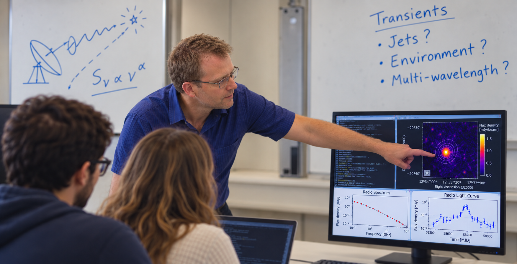 Pointing out a radio point source on a monitor showing a radio image, broadband spectrum and light curve, with two students looking on