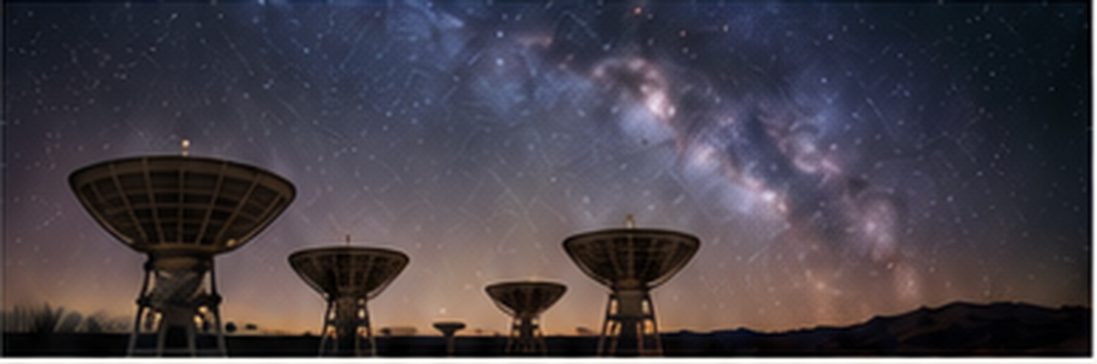 Radio telescope dishes under the Milky Way at twilight
