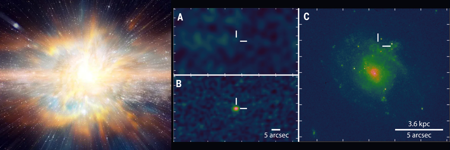 Left: illustration of a stellar explosion. Right: radio images of the same field before and after the transient appeared, and the host galaxy with the transient's position marked