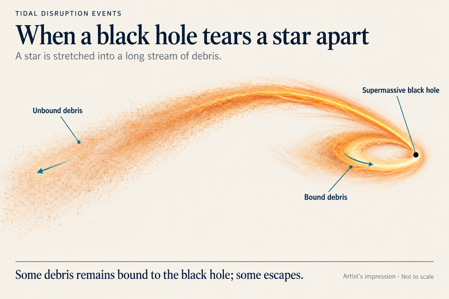 Artist's impression of a star stretched into a long stream of debris by a supermassive black hole; some debris remains bound to the black hole while some escapes